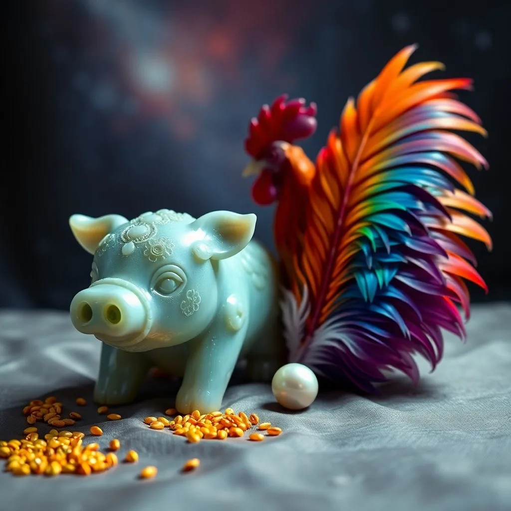 A wooden carving of a contented pig amongst ancient silk scrolls and a ceramic teapot, bathed in golden light.
