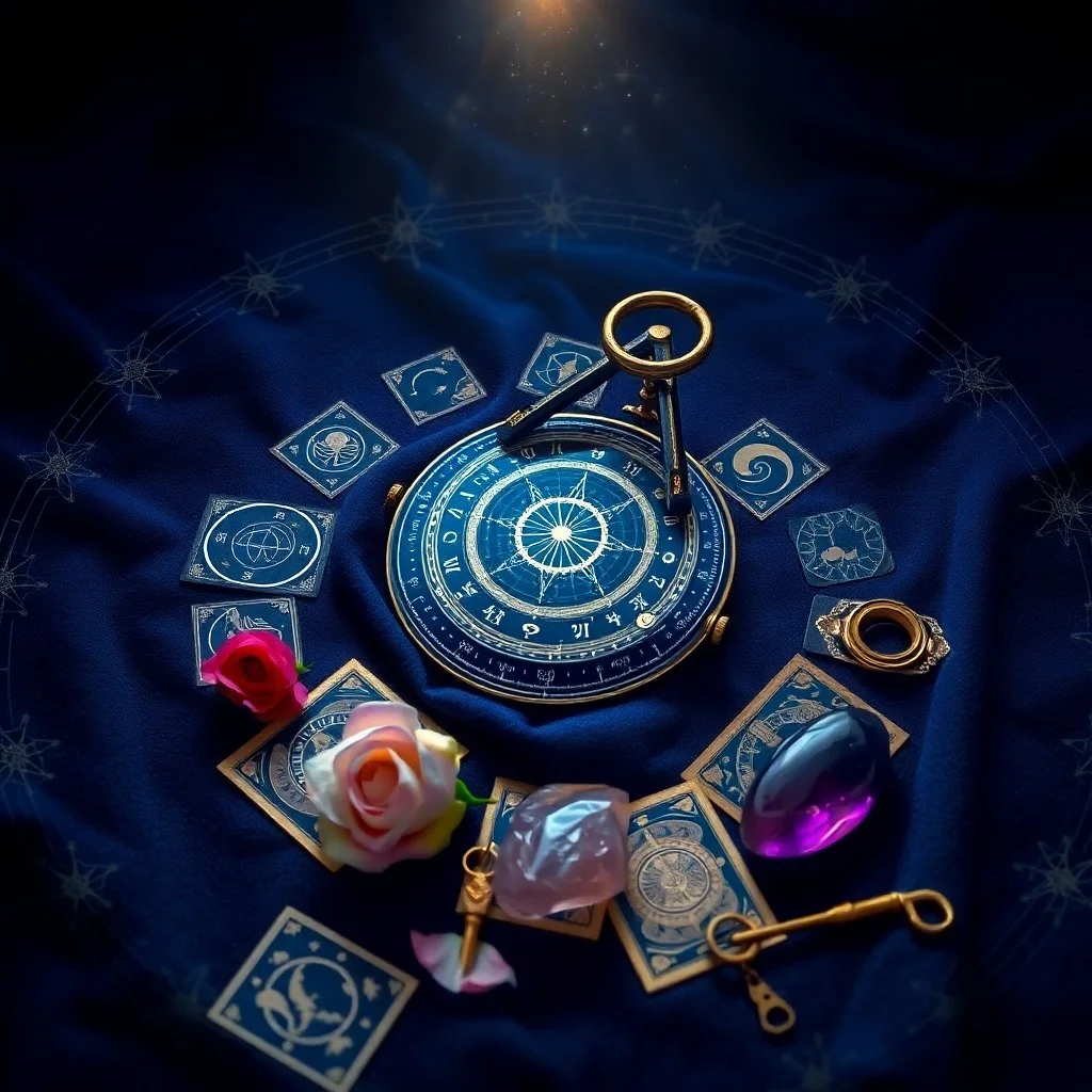 3D digital illustration of an open journal on a polished wooden desk. Pages show abstract symbols for love (hearts), career (gears), and wellness (sprouting plant). A quill pen rests beside it. Macro shot.