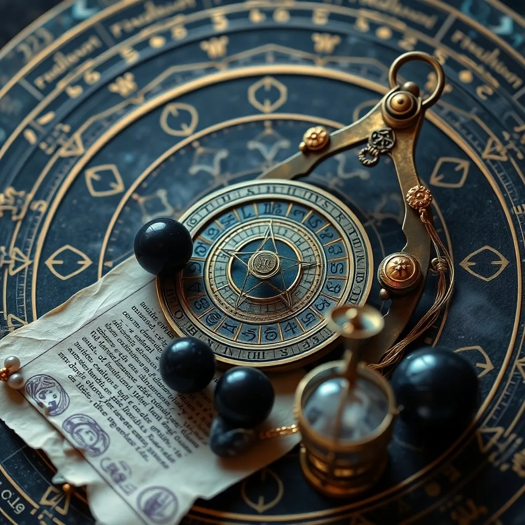 Cinematic still life of an ancient astrological text open on a wooden desk with celestial maps and a quill, lit by candlelight.