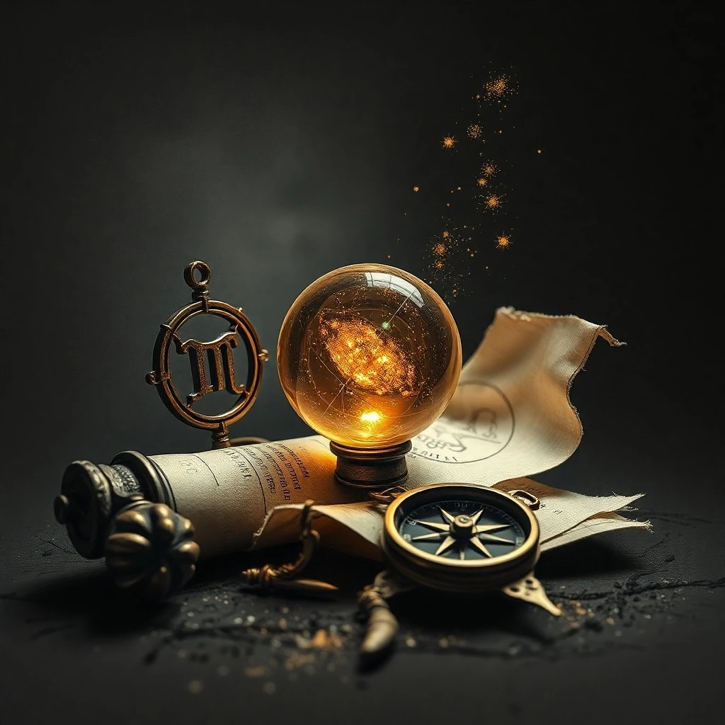 Conceptual 3D render of a polished, antique mirror reflecting a blurred, ethereal silhouette, surrounded by various symbolic masks representing different facades or first impressions. The background is a soft, cosmic nebula. Macro shot.