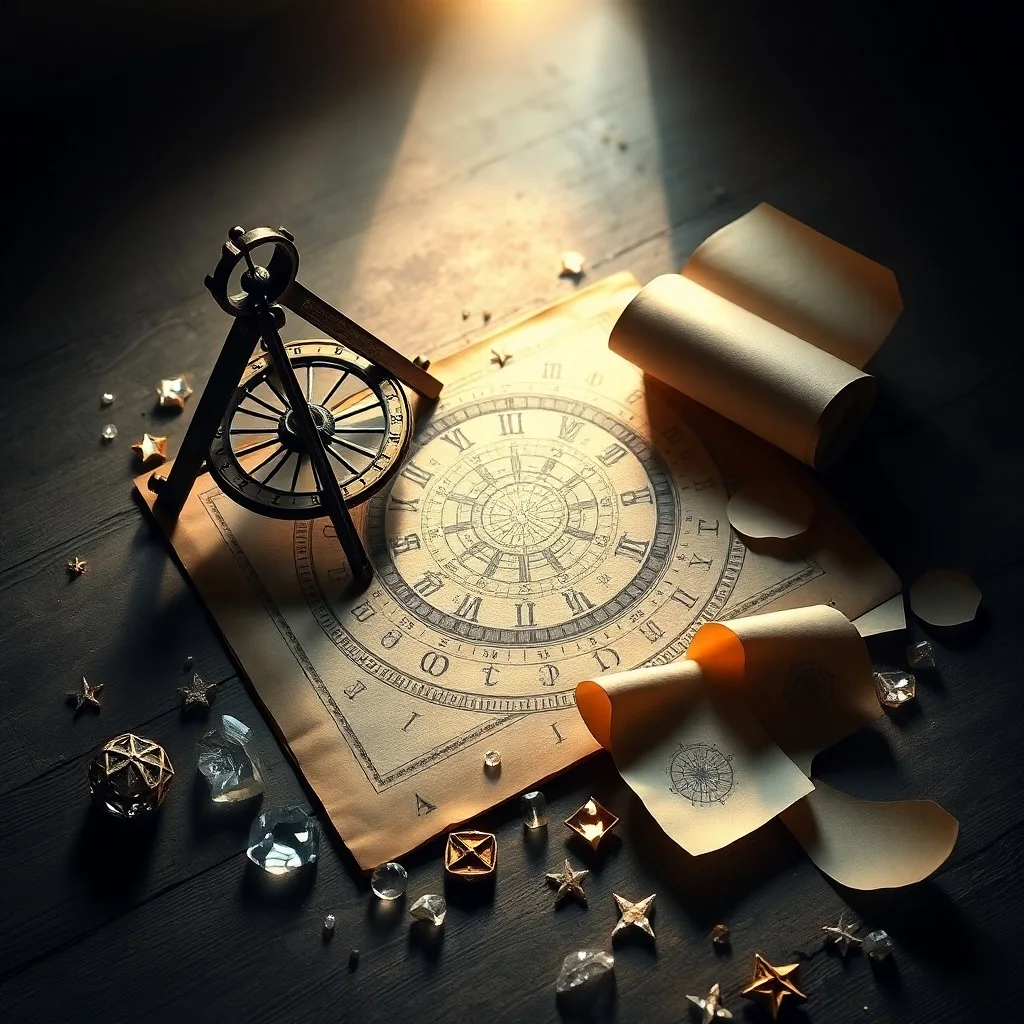 Cinematic still life of an ancient, open book with intricate astrological symbols and diagrams, resting on a dark wooden desk. A quill and inkwell are beside it, illuminated by a single beam of moonlight from a nearby window. Focus on texture and detail.