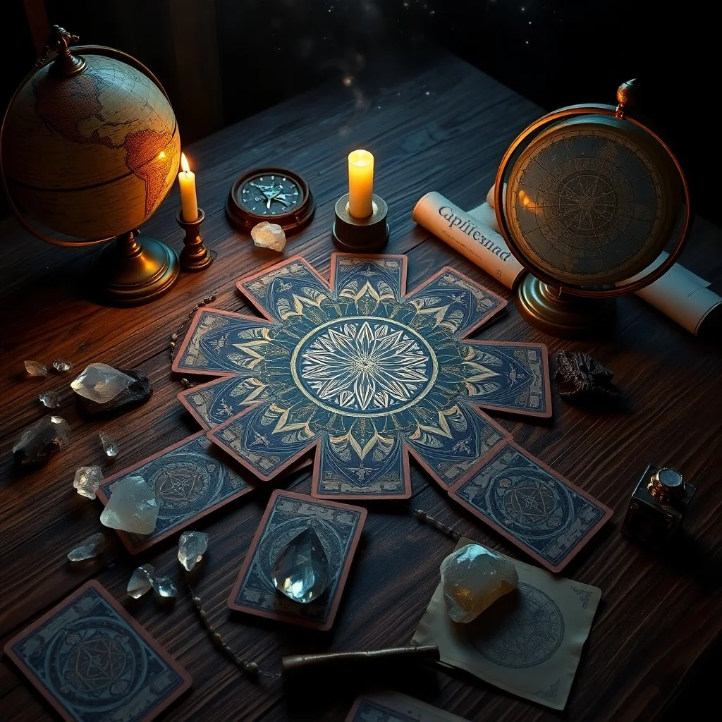 Cinematic still life of a vintage leather-bound grimoire open to a page with intricate diagrams, a quill pen, dried herbs, and an antique magnifying glass on a dimly lit mahogany desk. The scene evokes a sense of deep study and ancient wisdom.