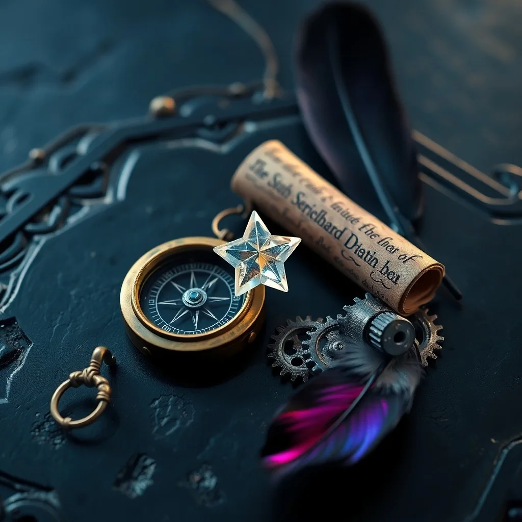 Vintage brass compass pointing to a star on old parchment