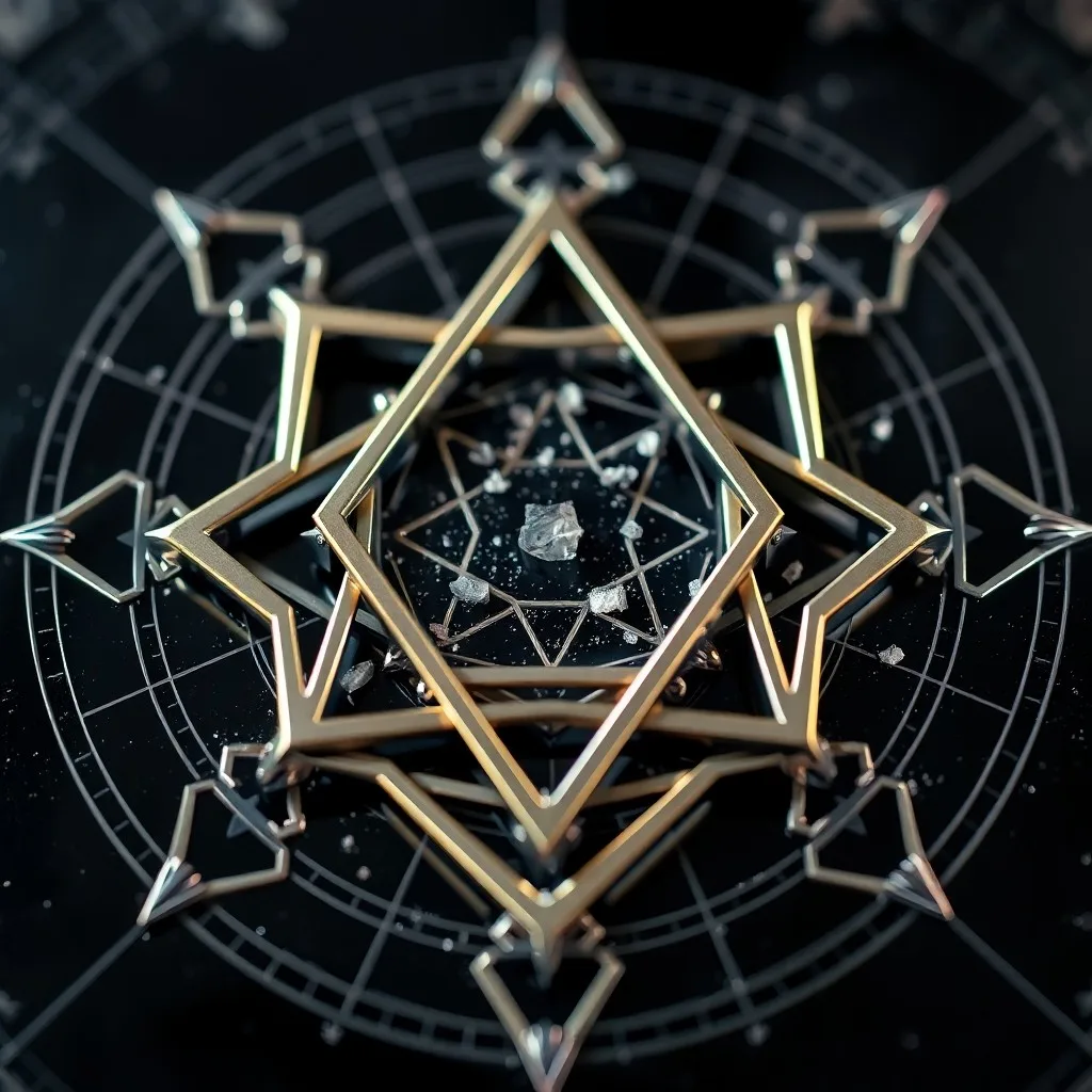 Shattered crystal ball reflecting nebulae and ancient symbols