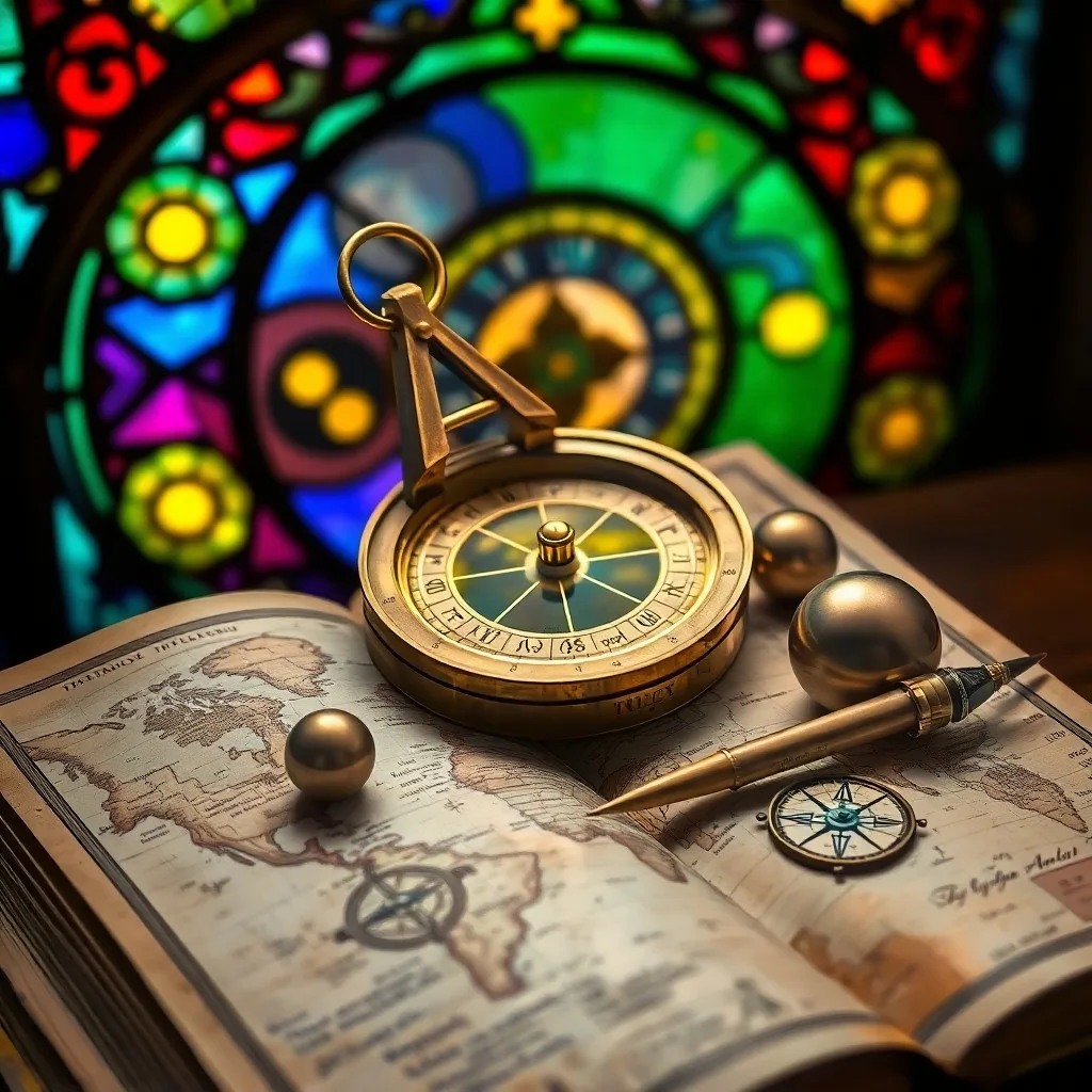 Cinematic still life of a vintage brass compass resting on an old, weathered travel journal, surrounded by faint, glowing astrological symbols. A partially unfurled antique map lies in the background, out of focus. Soft, warm lighting, shallow depth of field, rich textures.