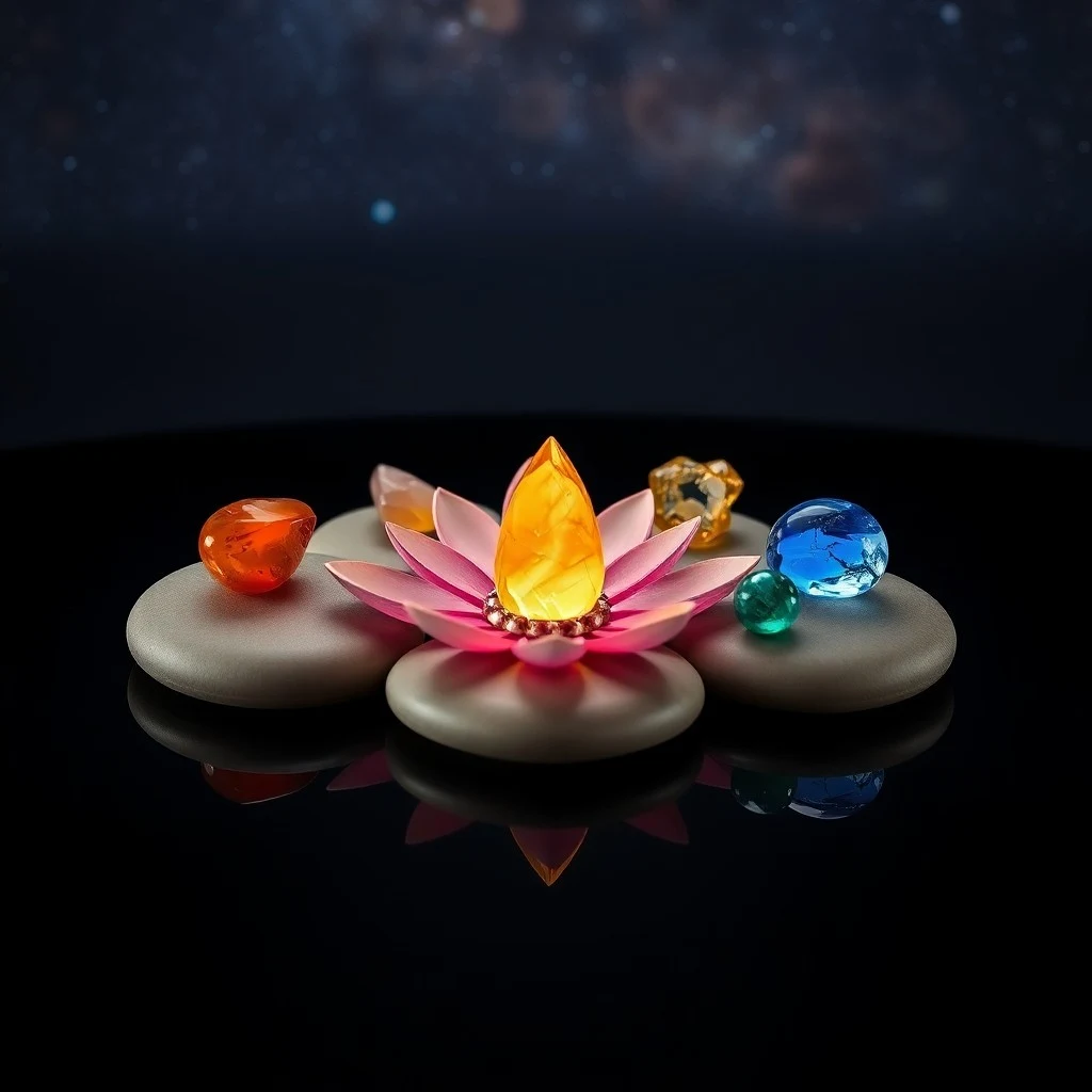 Macro photograph of chakra-colored crystals arranged on a wooden surface, symbolizing healing tools.