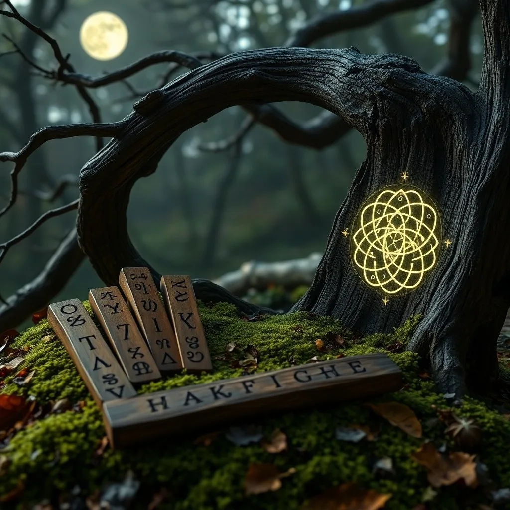 Bodegón cinematográfico de un libro antiguo con símbolos Ogham, abierto sobre un altar de piedra cubierto de musgo en un claro del bosque.