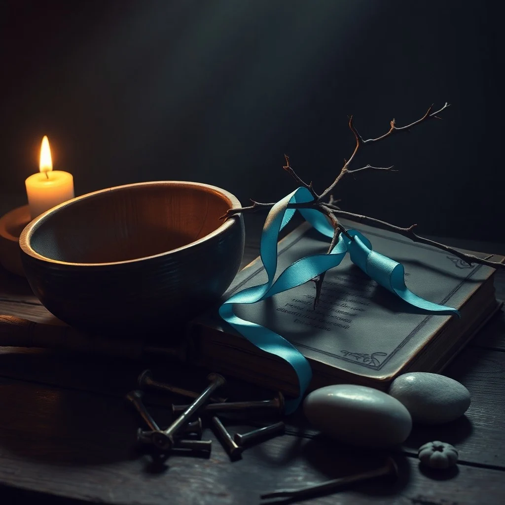 Un libro antiguo con una cruz, una vela parpadeante, un rosario de madera y una piedra lisa sobre una mesa de madera oscura, con iluminación dramática.