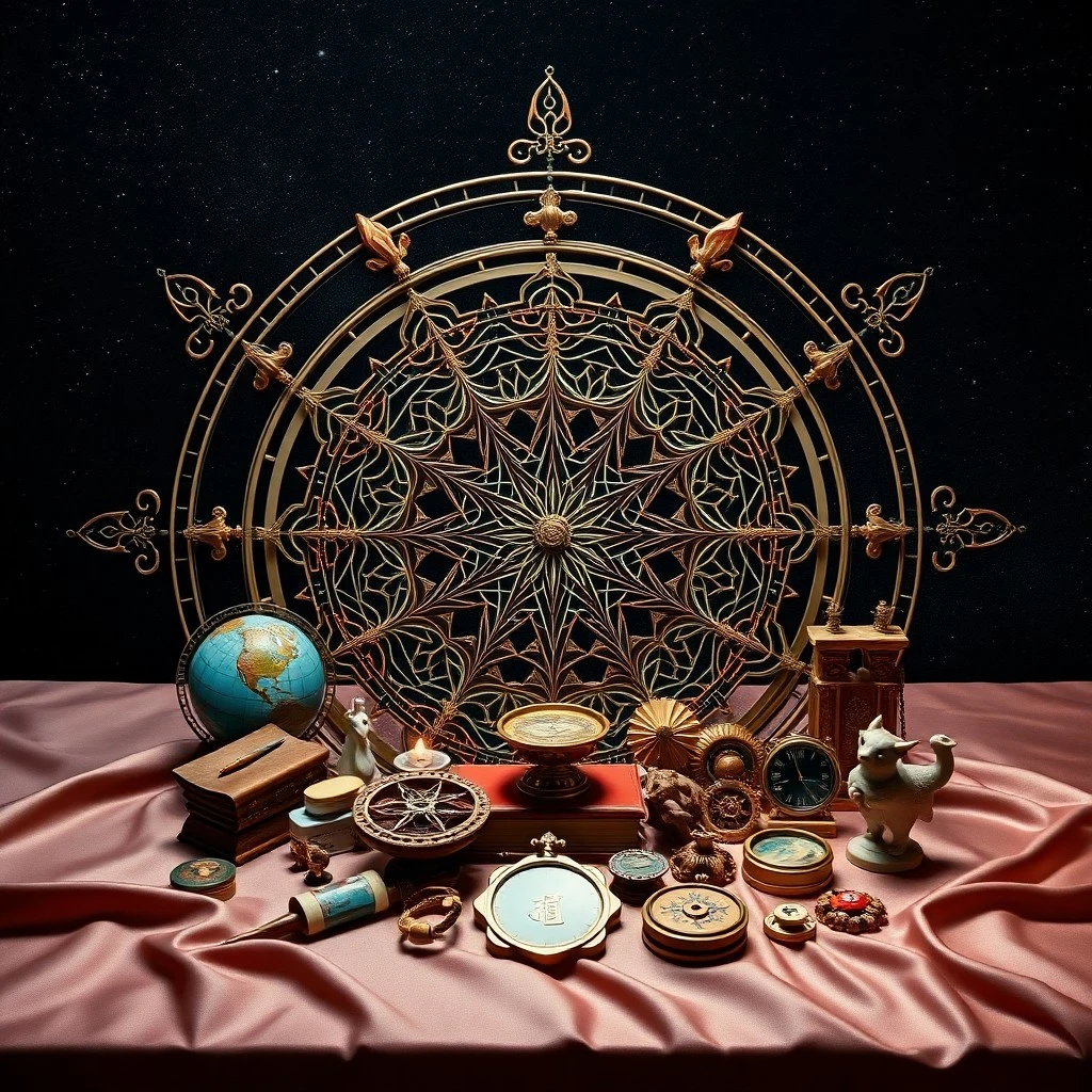 An antique, leather-bound book titled 'Career Archetypes' resting open on a polished wooden desk, surrounded by various symbolic objects like a quill, a small abacus, a miniature globe, and a compass, all bathed in warm, directional light, evoking wisdom and strategic planning.