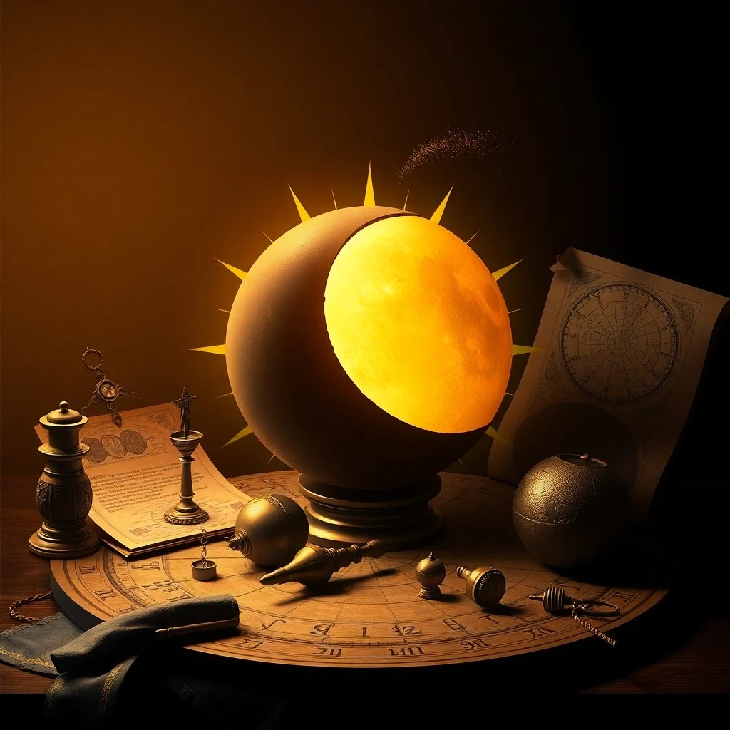 Fotografía vintage de naturaleza muerta con un antiguo telescopio de latón apuntando hacia una carta estelar sobre un escritorio de madera, rodeado de viejos instrumentos científicos y libros encuadernados en cuero, con una iluminación suave y dramática.