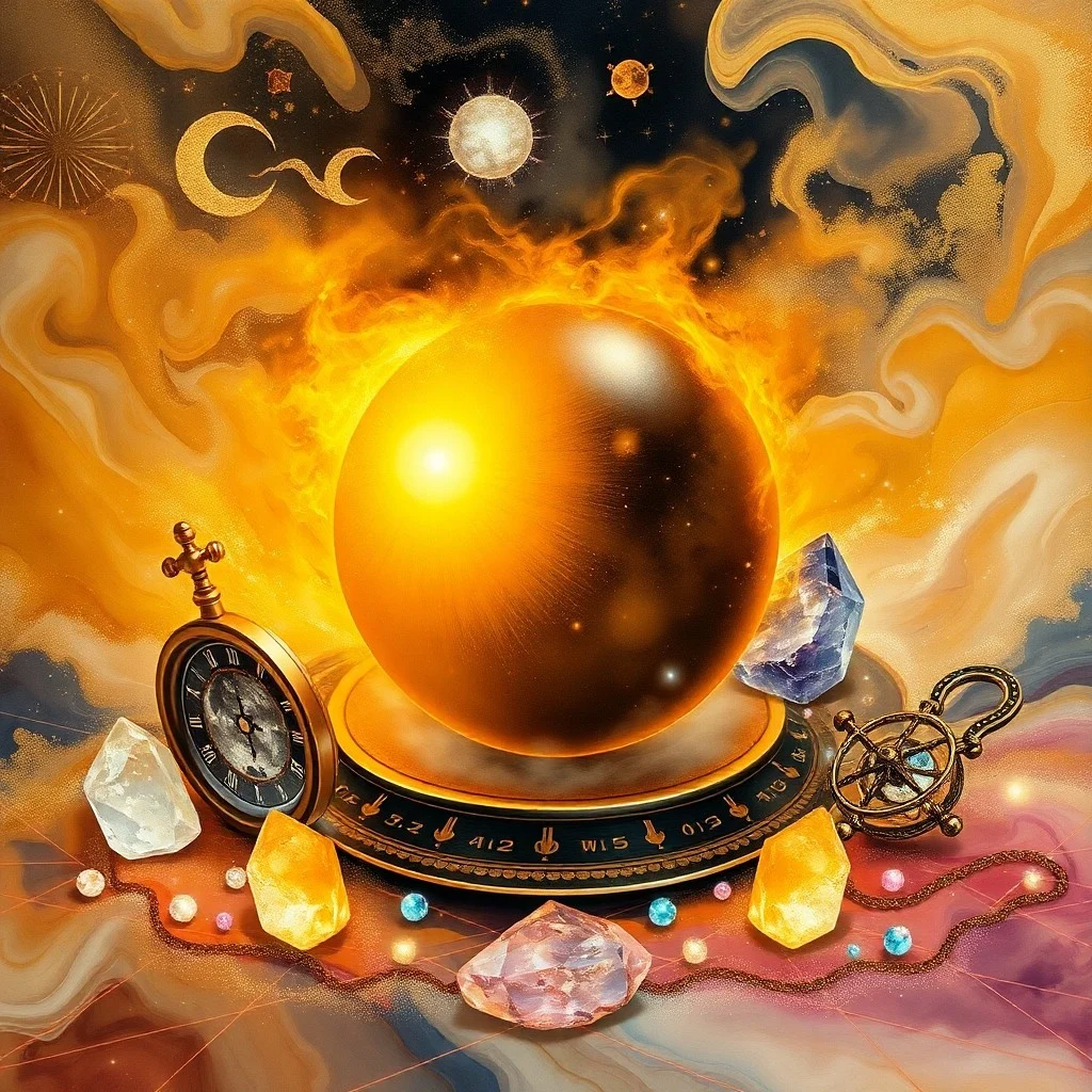 Pintura al óleo de naturaleza muerta que representa una tableta de piedra desgastada con antiguos símbolos astronómicos, iluminada por una sola vela parpadeante, rodeada de hierbas secas y un pequeño cristal pulido, con sombras profundas y una atmósfera mística.