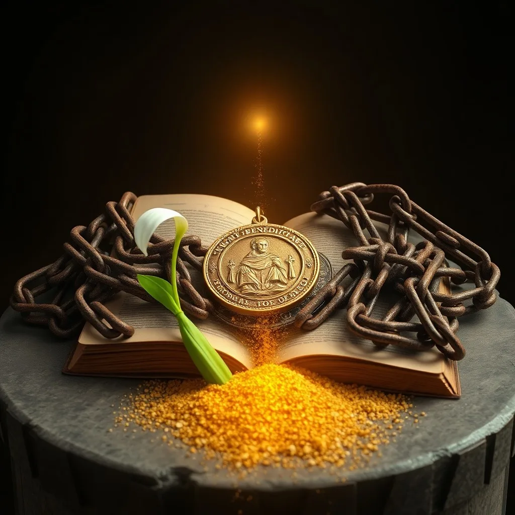 Ilustración digital de una luz dorada rompiendo cadenas oscuras en un entorno etéreo, simbolizando la ruptura de ataduras espirituales.
