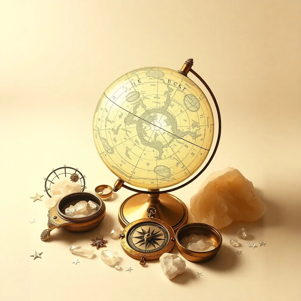 Conceptual art painting of a compass rose with astrological symbols