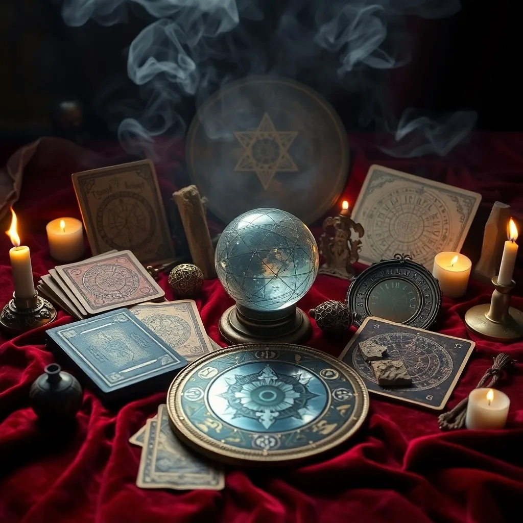 A glowing crystal ball on a wooden table, surrounded by carved runestones and mystical tarot cards, in a digital 3D illustration style.
