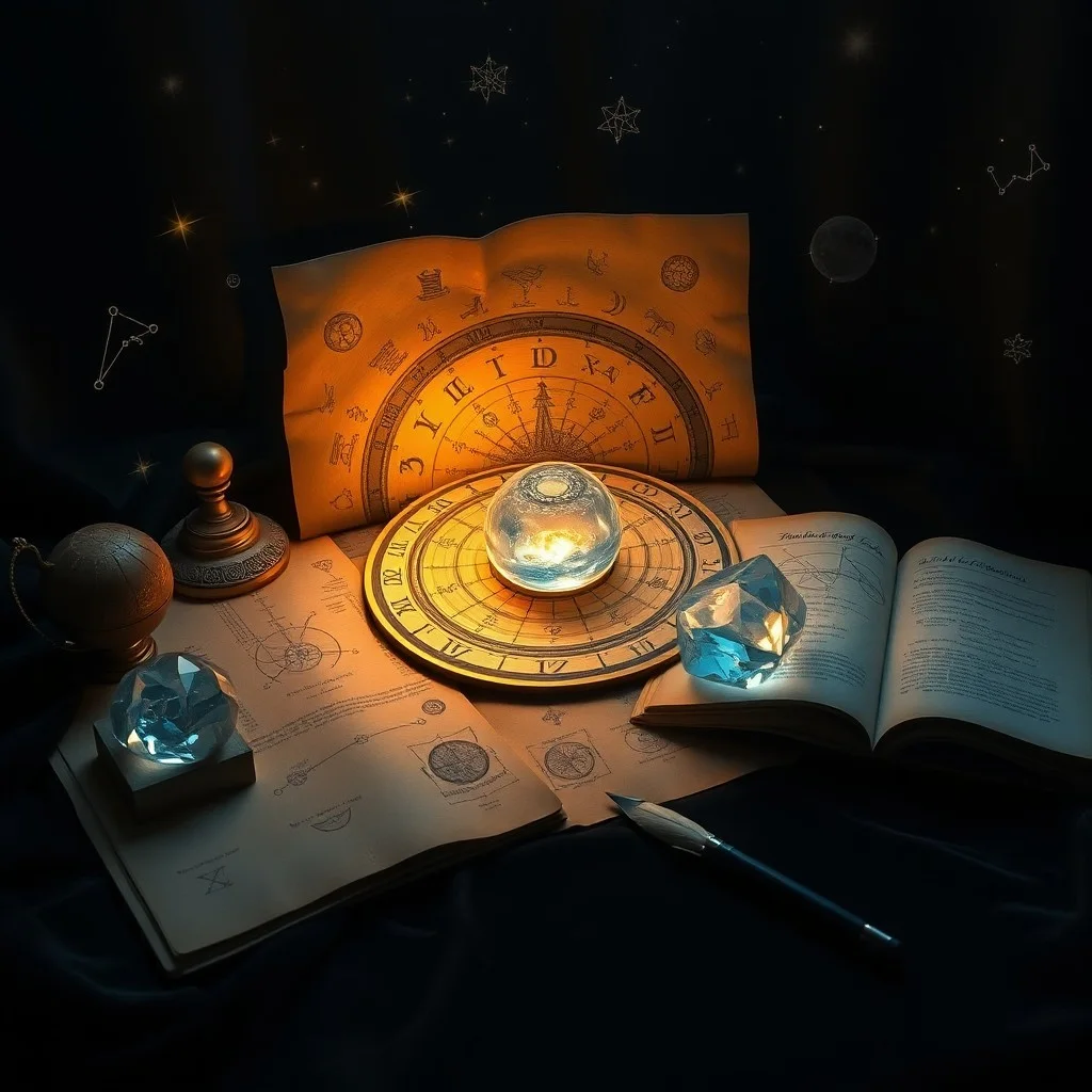 Texto astrológico antiguo con carta natal y objetos esotéricos.