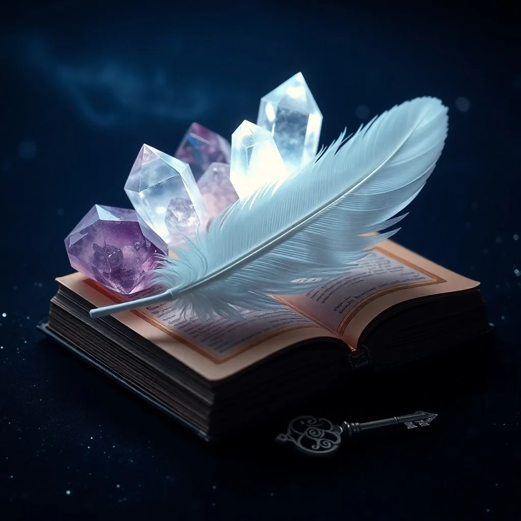 An ancient, intricately carved wooden chest, slightly ajar, revealing faint, glowing light emanating from within. Around it, scattered antique parchment scrolls, a quill pen, and a single, polished crystal ball reflecting distant starlight. The atmosphere is mystical and serene, suggesting hidden knowledge. NO humans, NO faces, NO people.