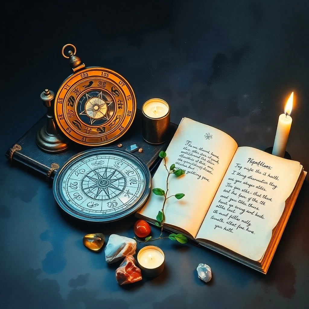 Cinematic still life photo of an open leather journal with affirmations, a crystal ball reflecting stars, feather pen, and lavender on a wooden table.