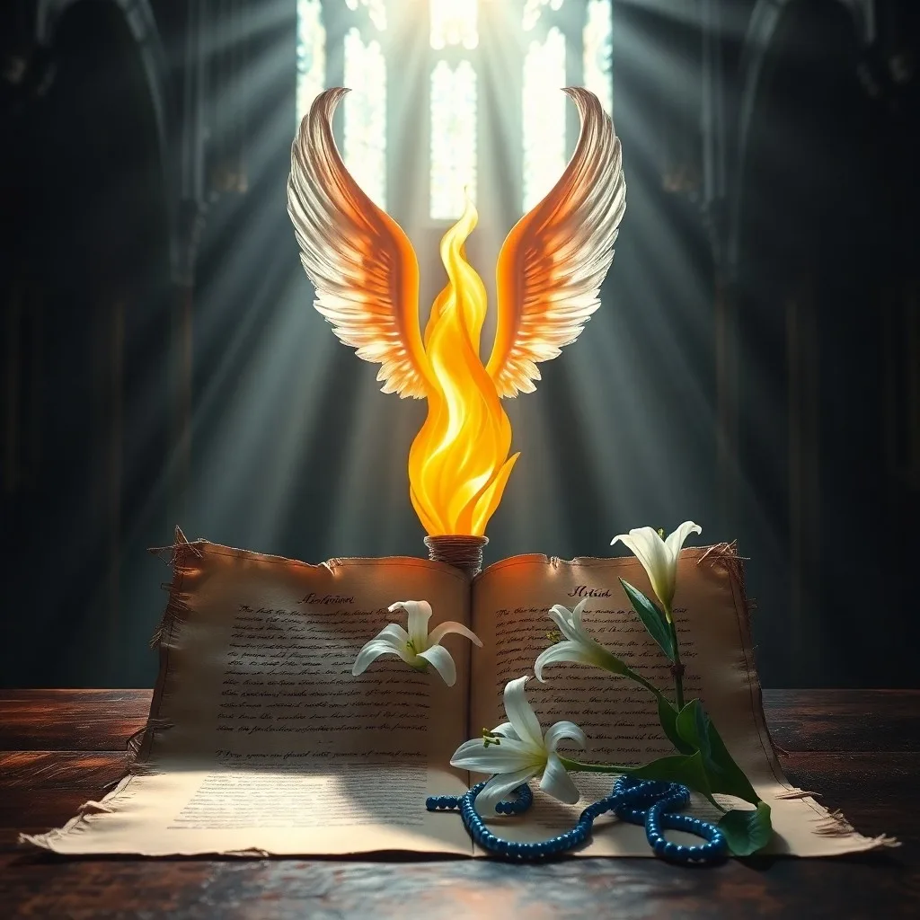 Libro antiguo abierto con manuscritos iluminados, rodeado de plumas estilizadas y ojos simbólicos, sobre un pedestal de madera oscura.