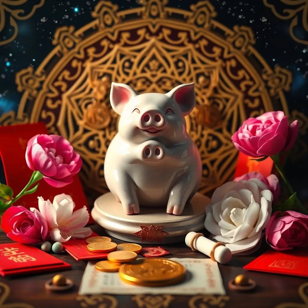 Antique Chinese calendar scroll with a jade pig carving, symbolizing the historical context of the 2024 forecast.