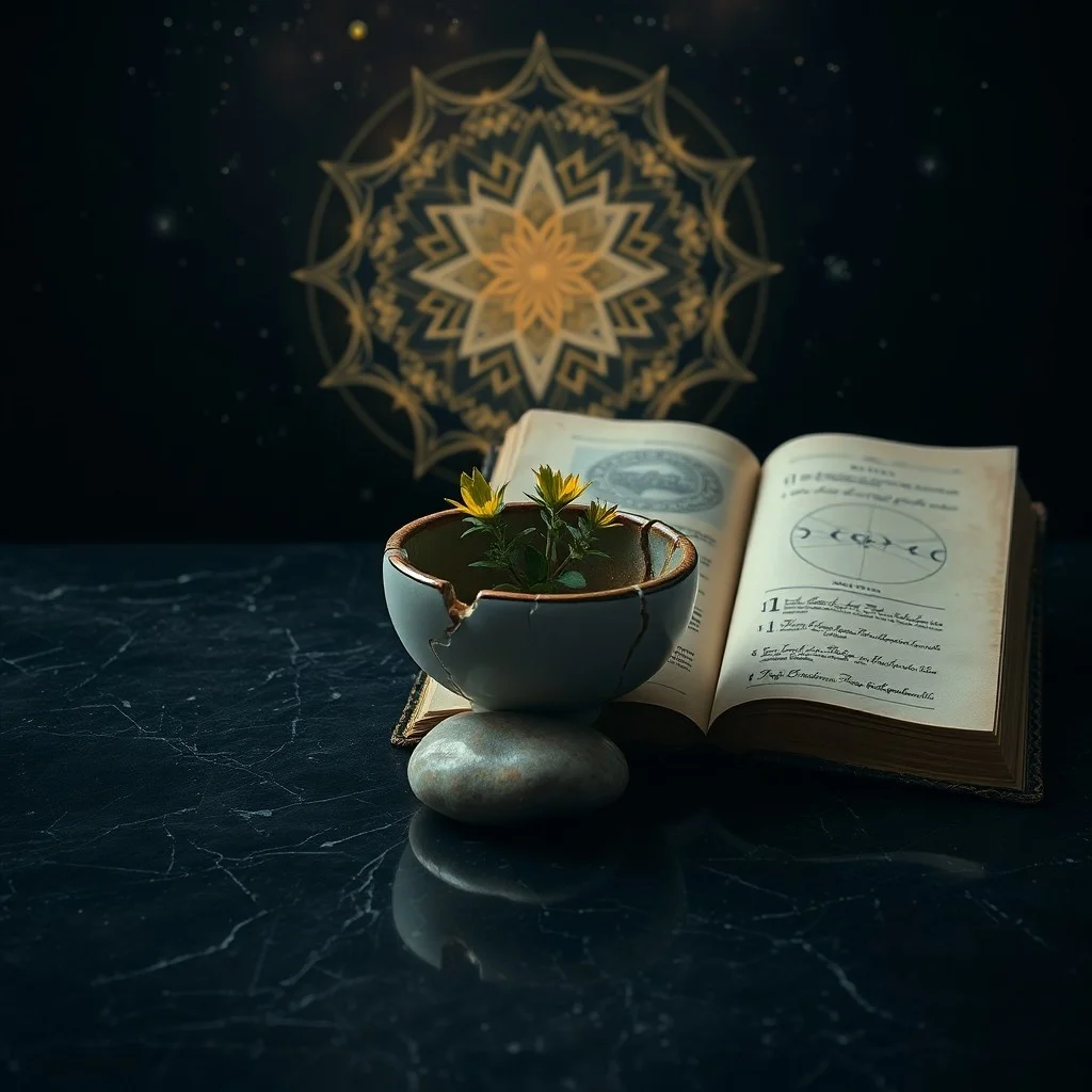 Antique book 'Arcane Wisdom' on a desk with herbs and candle, symbolizing the pursuit of healing knowledge.