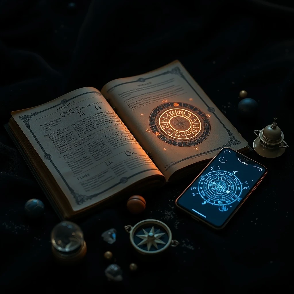 Móvil con símbolos zodiacales metálicos girando suavemente, iluminado por un rayo de luz