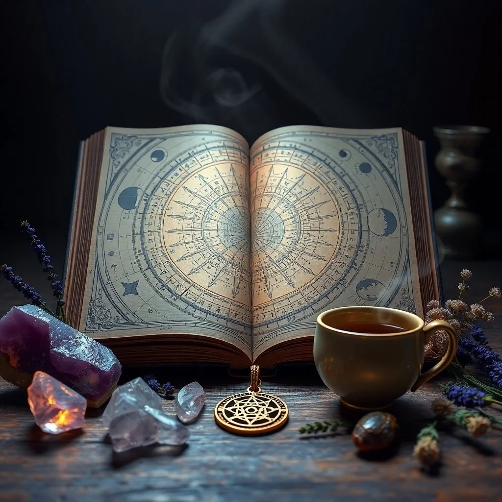 Still life of self-care items: herbal tea, meditation stone, journal, green plant