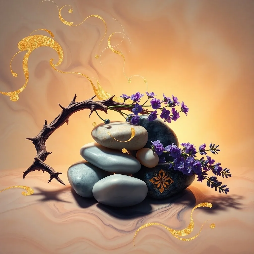 Pintura de acuarela de un bodegón con lavanda, té de hierbas, piedras de río y un libro de mindfulness, evocando calma y alivio natural.
