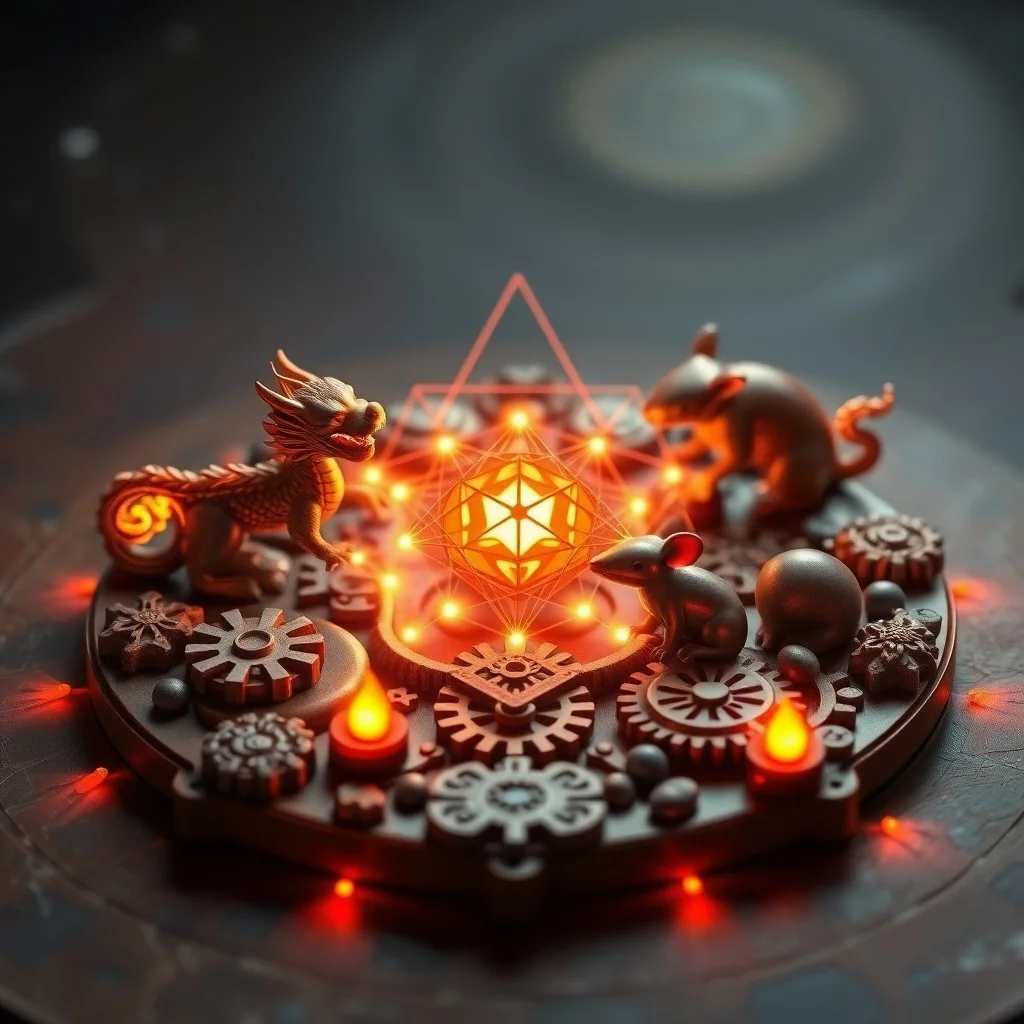 Three interconnected, glowing geometric shapes with abstract zodiac animal representations, conceptual art.