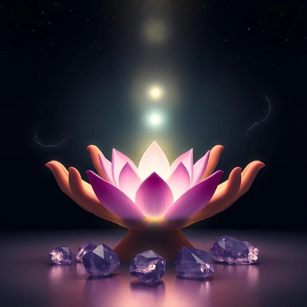 Cinematic still life of stacked river stones with a subtle energy aura, a glass bowl of water, and a feather, symbolizing harmony and natural energy.