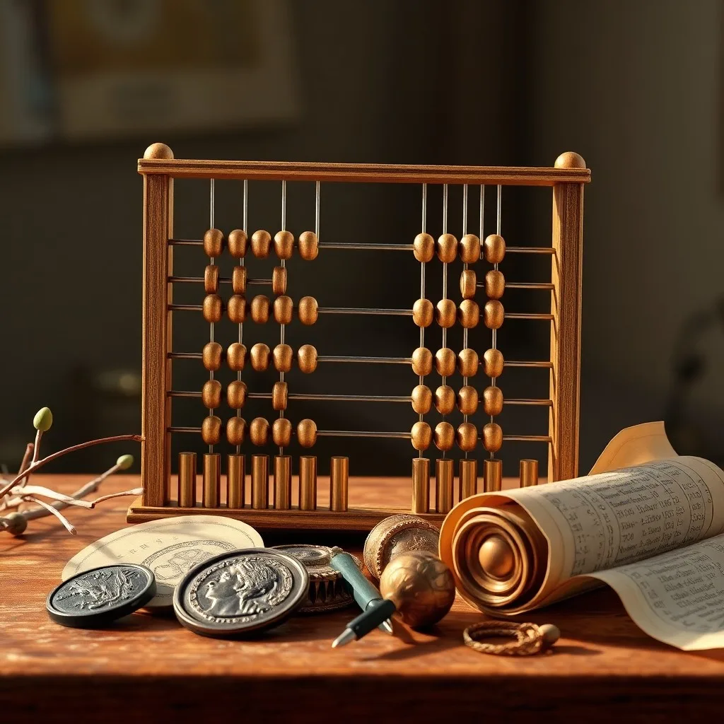 Ilustración científica de un ábaco griego de madera con guijarros, sobre un papiro antiguo con diagramas geométricos.