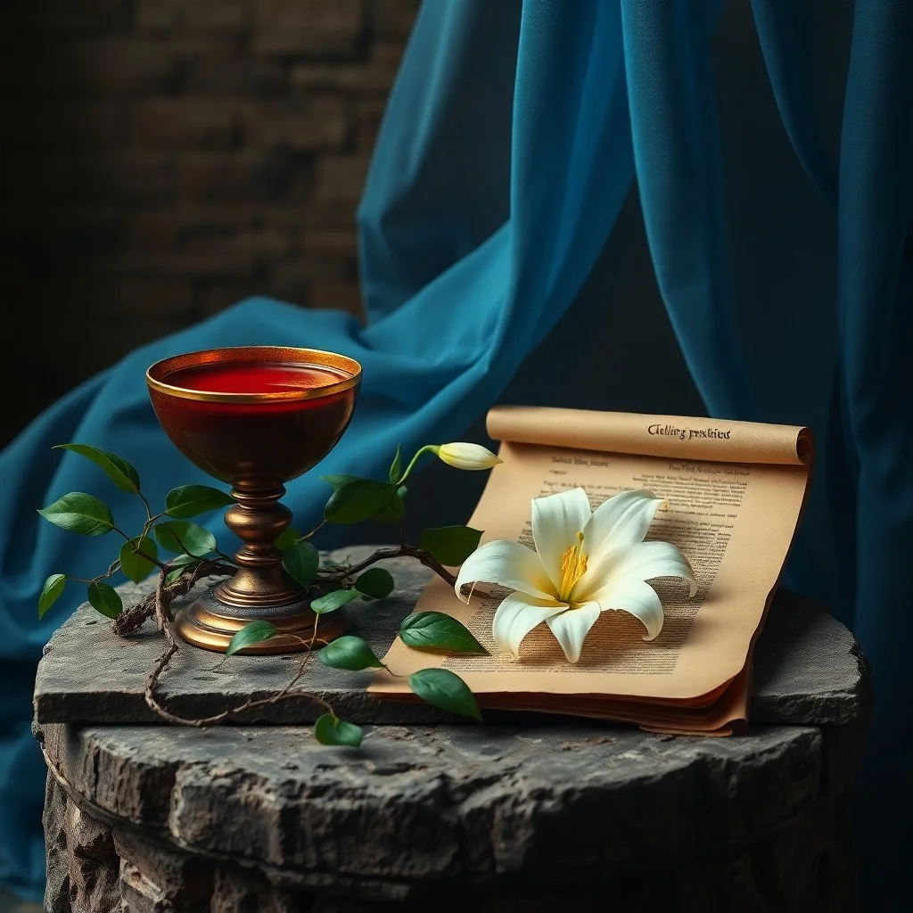 Fotografía macro de una Biblia antigua abierta sobre un altar de madera, junto a un cáliz simple y pan, bajo una luz divina que atraviesa un vitral.