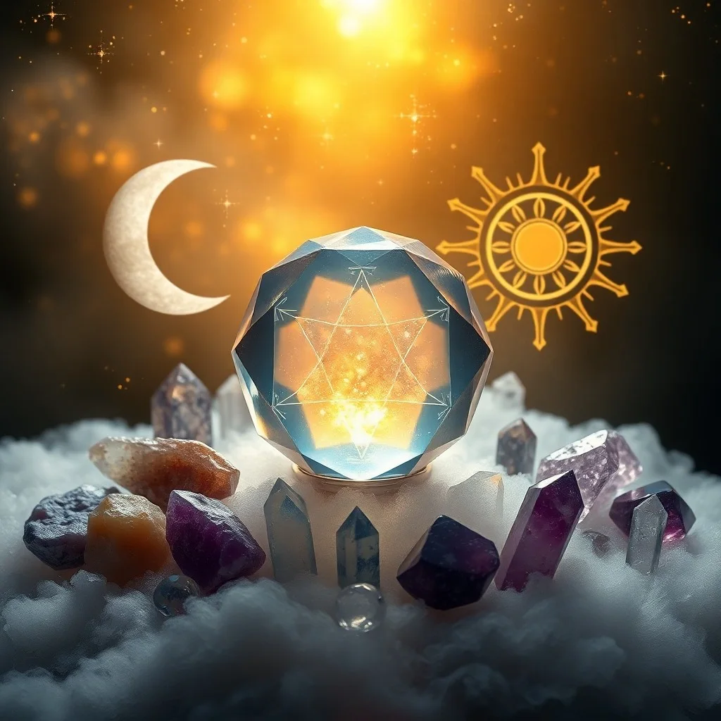 Fotografía cinematográfica de bodegón de cristales sobre obsidiana, bañados en luz de luna, con un amuleto de luna creciente.