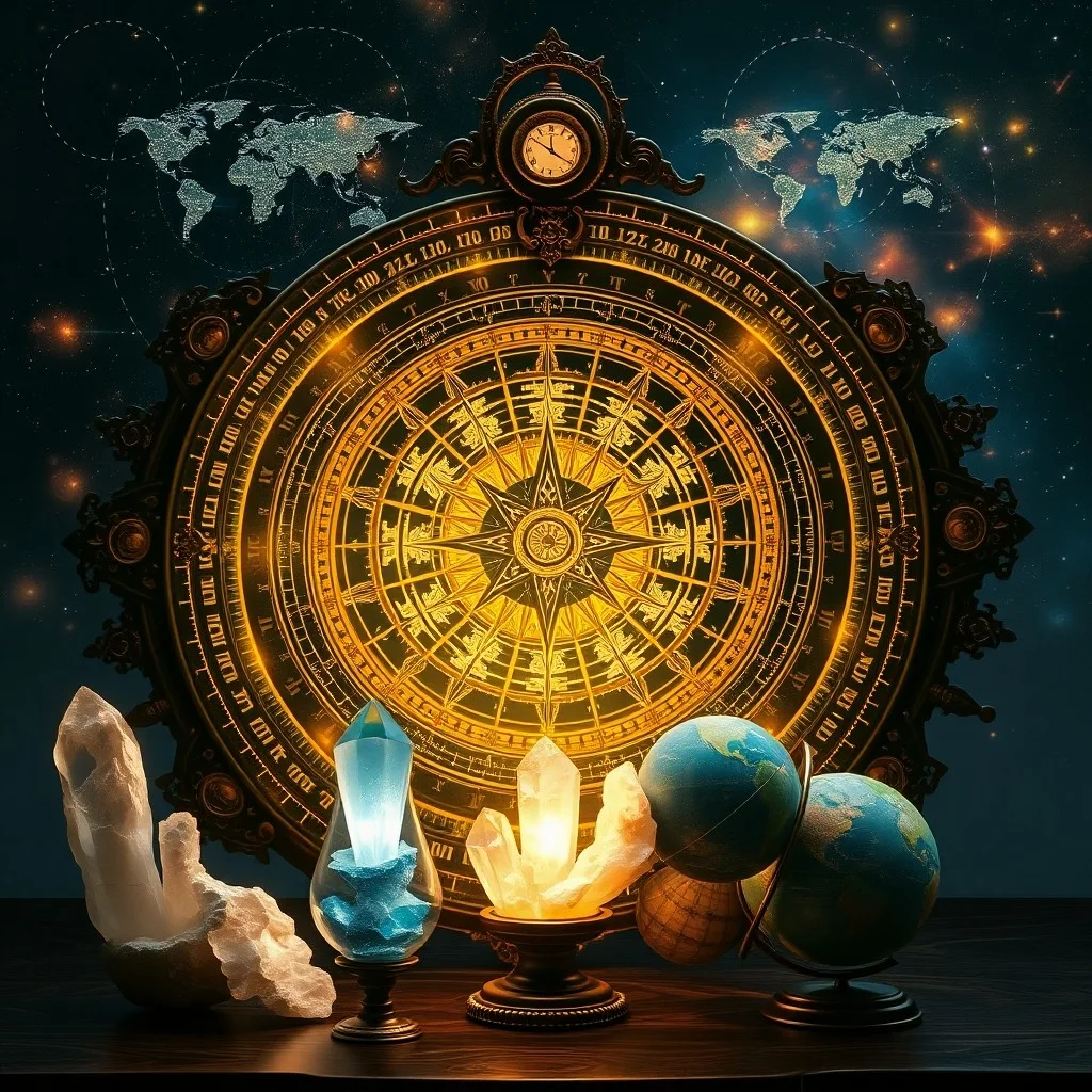 Pintura de acuarela de polvo cósmico etéreo arremolinándose alrededor de una bola de cristal transparente que refleja una galaxia distante y figuras humanas abstractas meditando, con pinceladas delicadas y colores pastel suaves, creando una atmósfera mística.