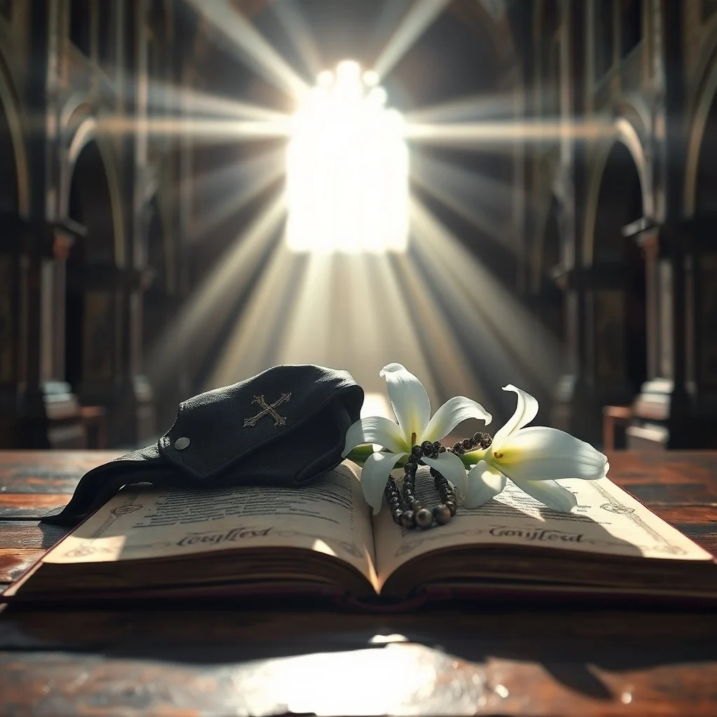Pintura al óleo de un pergamino antiguo que representa el Privilegio Sabatino, iluminado por una vela, en un ambiente de iglesia.