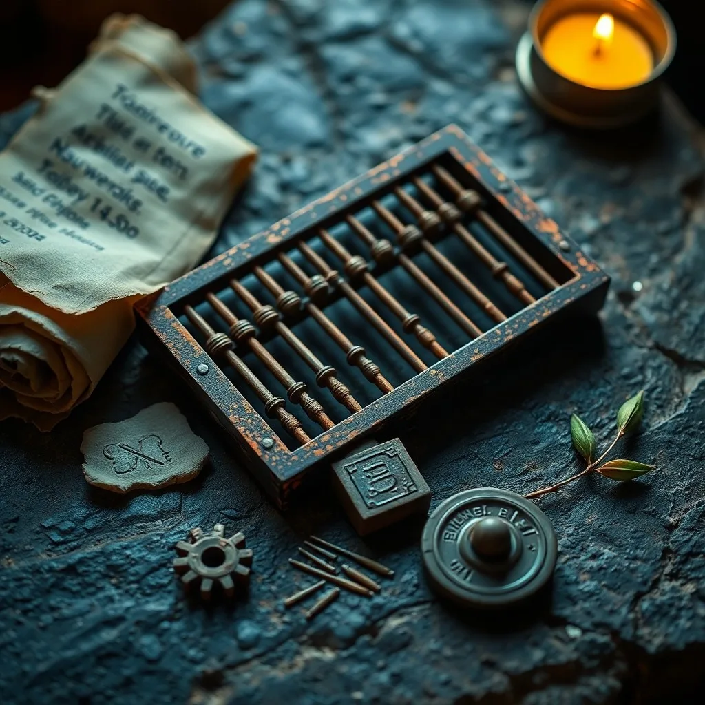 Fotografía vintage de una colección de instrumentos de cálculo antiguos: una regla de cálculo de madera desgastada, un fragmento de un complejo mecanismo de engranajes de latón similar al de Anticitera y un pergamino polvoriento con notaciones matemáticas, todo dispuesto en un escritorio de roble oscuro.