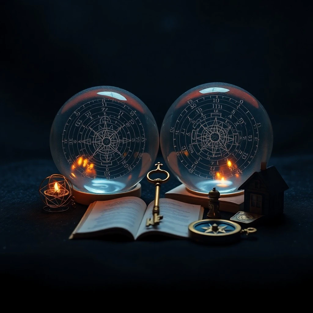 An antique brass telescope pointing towards a celestial map unfurled on a dark wooden desk, surrounded by old parchment scrolls and a quill pen, illuminated by soft, warm window light, evoking ancient wisdom and exploration.