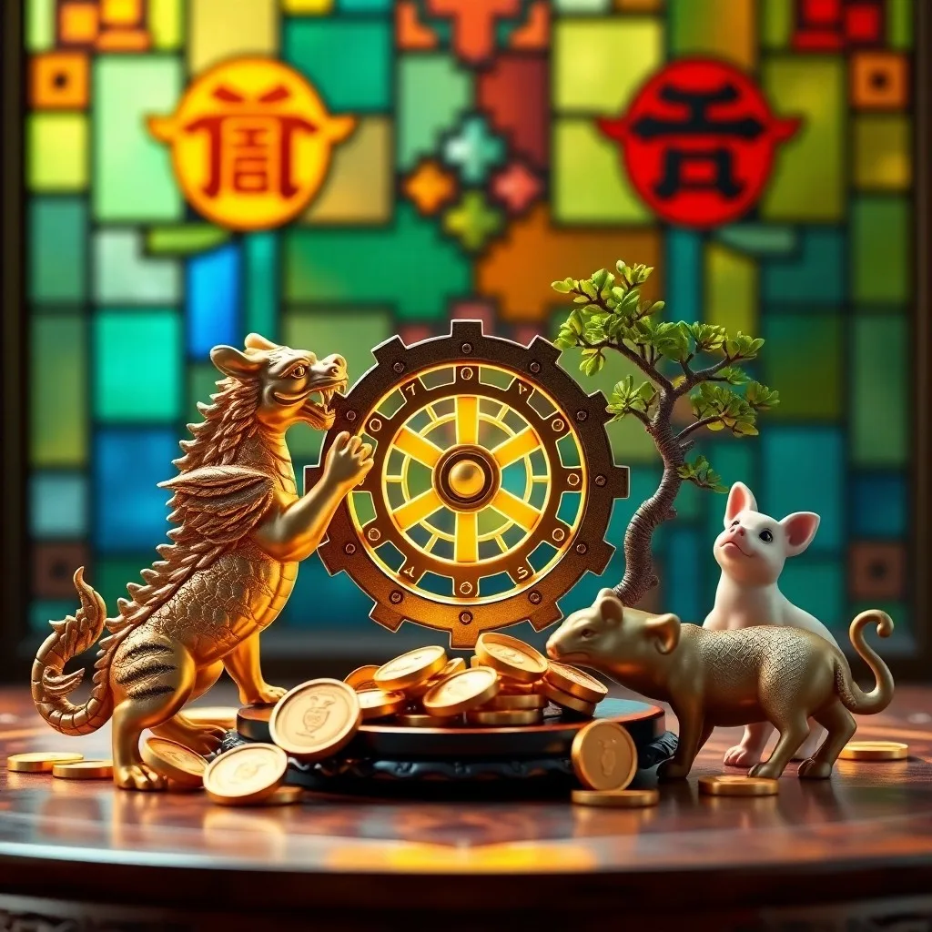 Abstract mosaic of interlocking gears and cogs, each piece a different color, forming a harmonious machine, symbolizing diverse zodiac energies in a team.