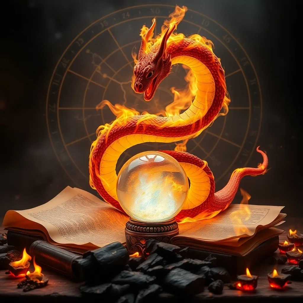 Naturaleza muerta cinematográfica de un cojín de terciopelo antiguo sosteniendo un amuleto de jade tallado en forma de serpiente, rodeado de brasas brillantes y rosas rojas secas. Iluminación dramática.