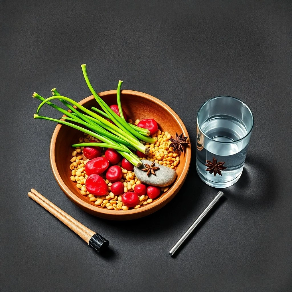 Cinematic still life of green vegetables, red berries, and a candle on a wooden table