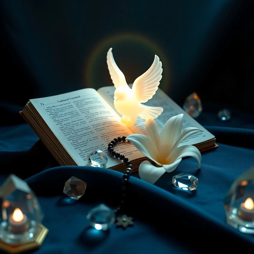 Libro antiguo abierto con páginas luminosas, símbolo de la sabiduría divina y el conocimiento espiritual.
