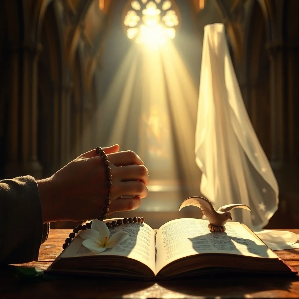 Una antigua Biblia abierta con un rosario y una vela encendida, simbolizando la devoción y la luz espiritual