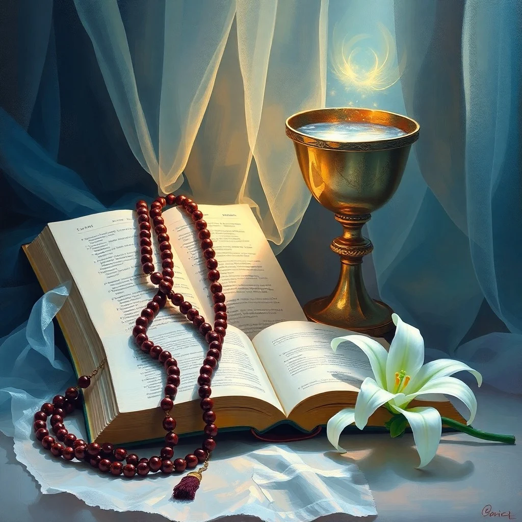 Fotografía cinematográfica de un libro antiguo abierto con páginas iluminadas, una vela encendida y un rosario sobre una mesa de madera rústica, simbolizando la oración y el estudio espiritual.