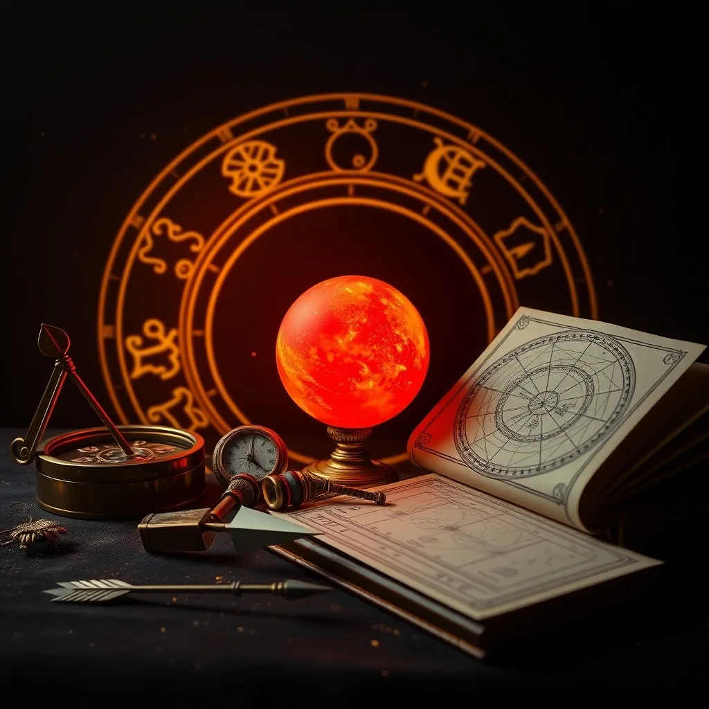 Fotografía macro de un antiguo compás sobre pergamino con símbolos astrológicos, iluminado por una vela, simbolizando la dirección y el conocimiento.