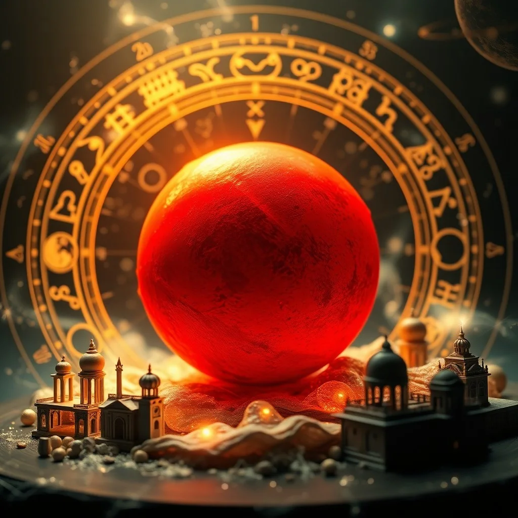 Pintura al óleo abstracta con remolinos de rojo y naranja, líneas geométricas, simbolizando la energía de Marte y las estructuras de las casas astrológicas.