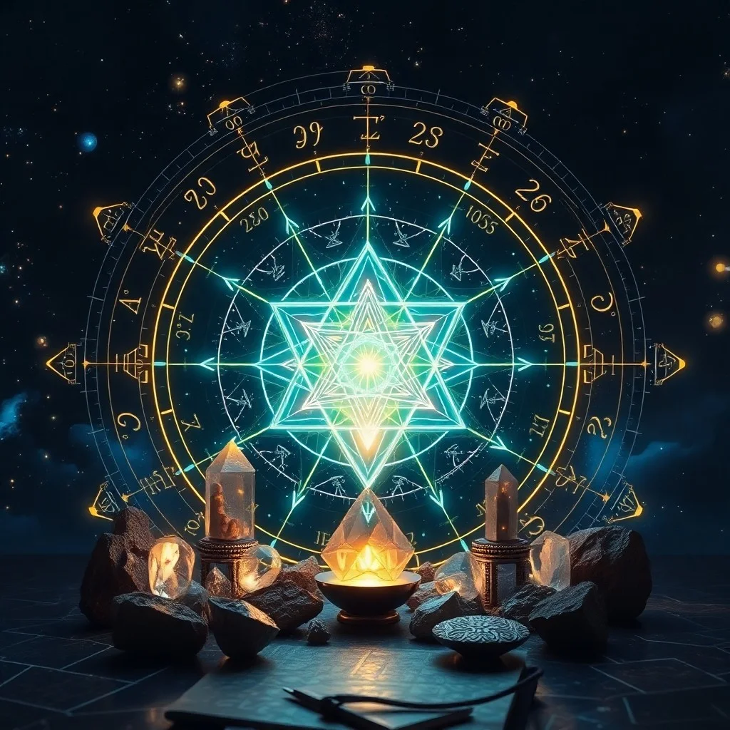 Pintura abstracta de nebulosas iridiscentes con líneas brillantes formando complejas redes numéricas interconectadas, evocando energía cósmica y orden oculto.
