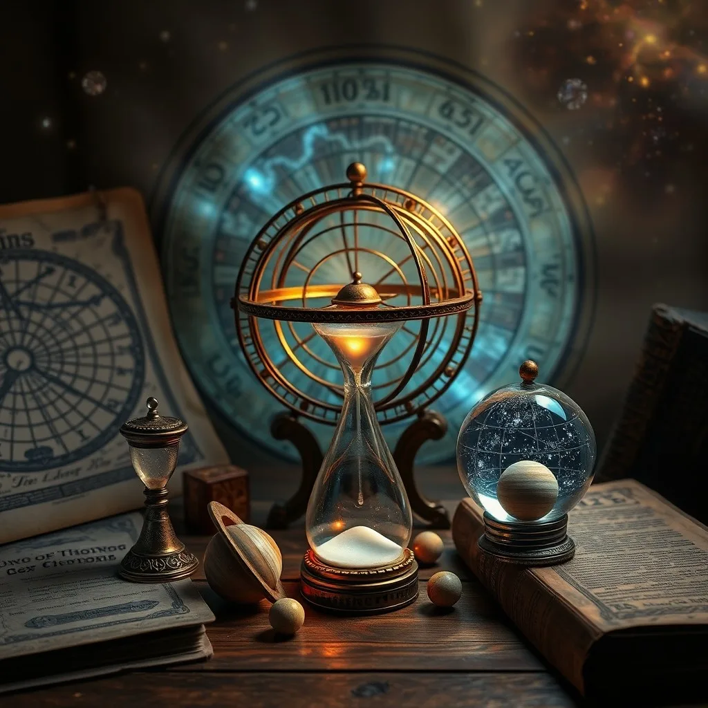 Fotografía cinematográfica de un astrolabe antiguo y un globo celestial sobre un escritorio de madera, con mapas de constelaciones y una pluma, iluminado por una luz etérea, simbolizando la sabiduría astrológica.