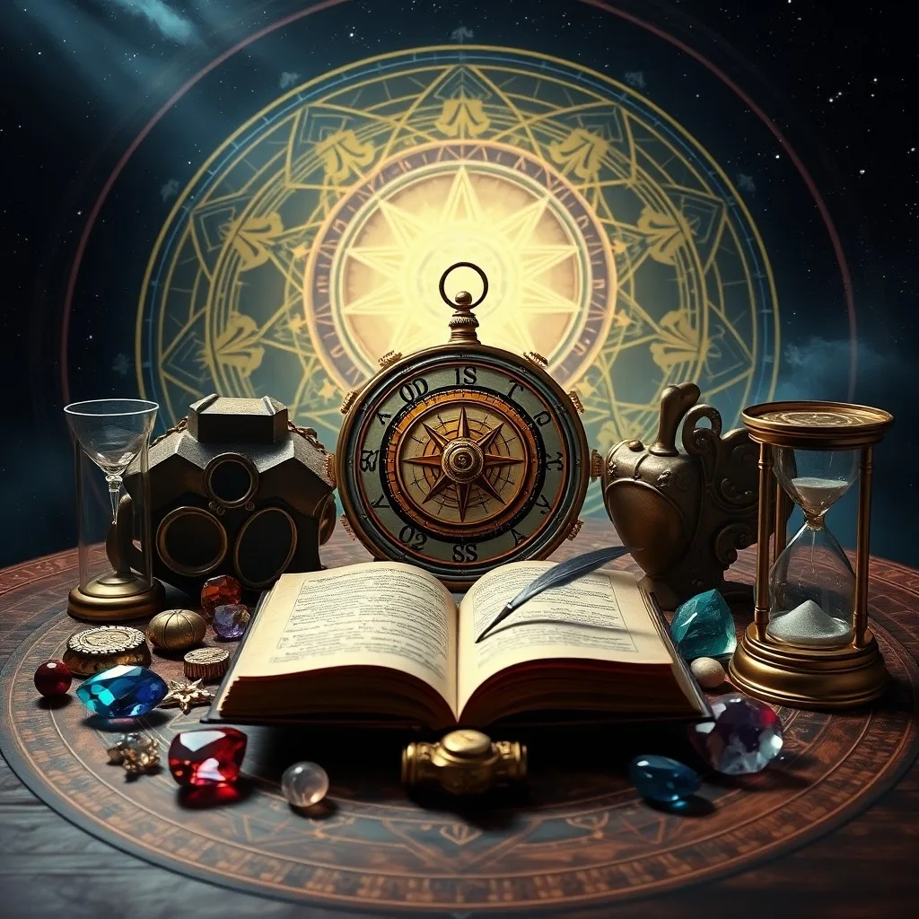 Cinematic Still Life of an antique brass astrolabe resting on a worn leather-bound book titled 'Celestial Mechanics,' illuminated by a single beam of light filtering through a dusty window. A quill and inkwell sit nearby, evoking ancient astrological study.