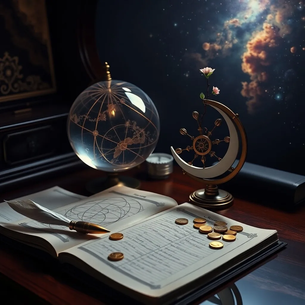 A conceptual still-life featuring a vintage compass and an open leather journal with astrological symbols and handwritten business plans, illuminated by moonlight.