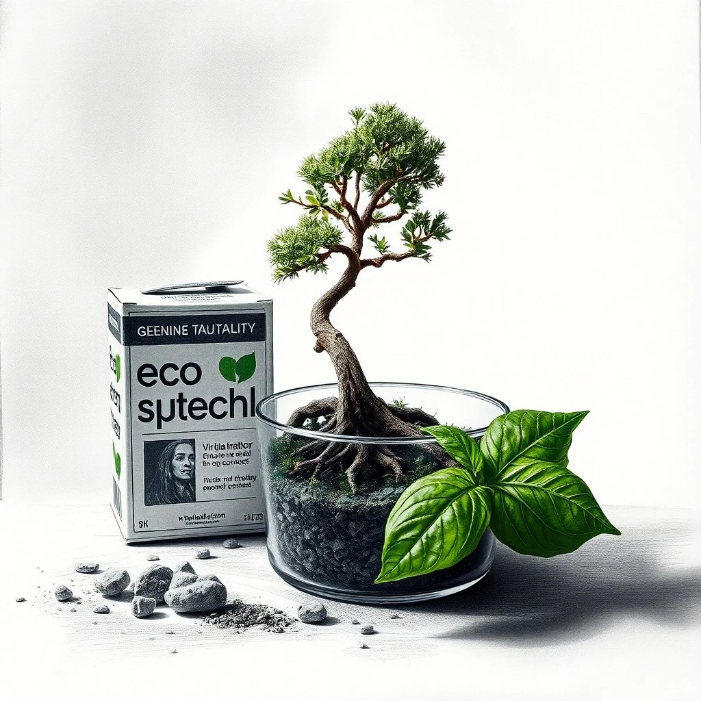 Fotografía de bodegón de un escritorio de madera con una planta en maceta, documentos reciclados y una lupa, con luz natural suave, destacando la textura de los objetos.