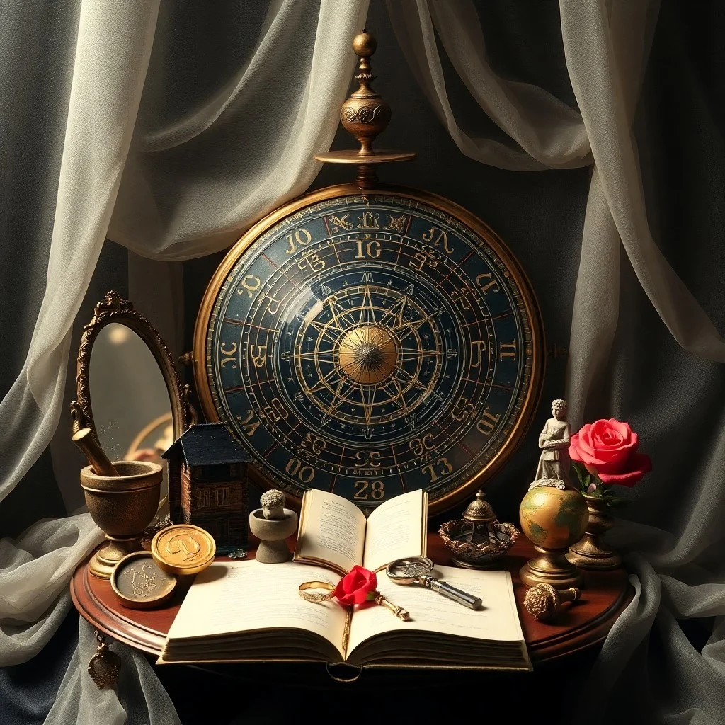 Cinematic still life of symbolic objects including a key, books, a globe, a locket, and a compass on an antique desk, lit by a single light beam.
